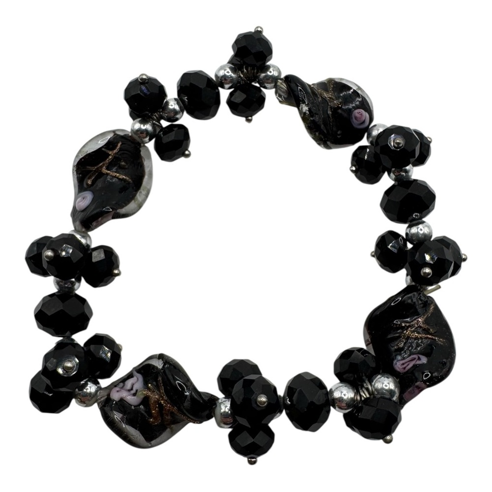 Black Glass Beaded Stretch‎ Bracelet with Abstract Foil Murano-Style Beads